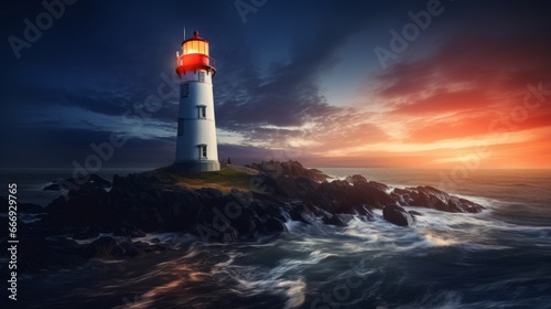 A luminous lighthouse guiding ships at sea