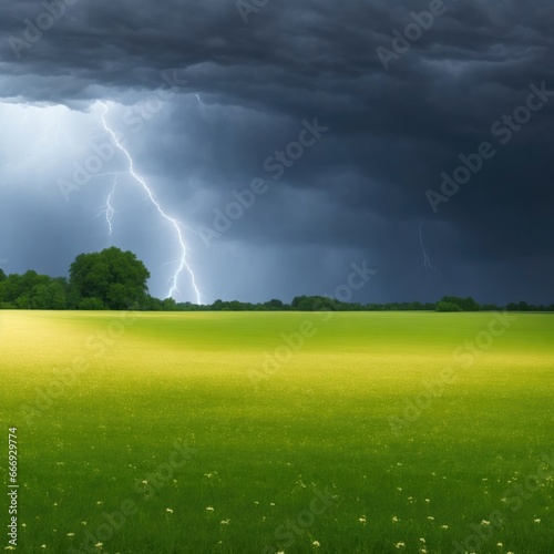 A lightning strike on the horizon in a field. Summer Thunderstorm