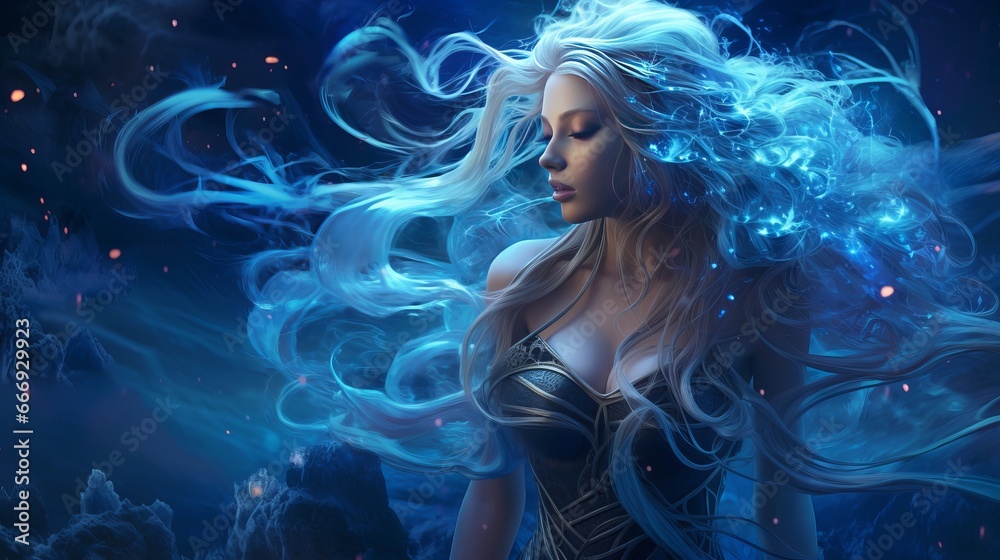 Strange sorceress mythical person lady lovely blue dress. long hair dress rippling fly wind. Foundation shinning harvest time pixie ruddy spiritualist timberland trees. Gothic Craftsmanship - obrazy, fototapety, plakaty 