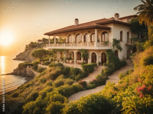 Beautiful Italian-style villa on seafront in sunset.