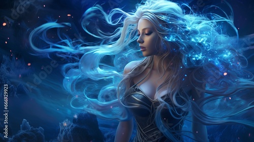Strange sorceress mythical person lady lovely blue dress. long hair dress rippling fly wind. Foundation shinning harvest time pixie ruddy spiritualist timberland trees. Gothic Craftsmanship photo