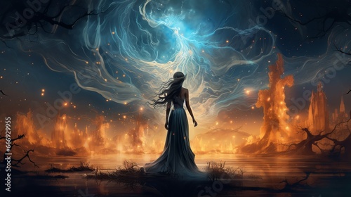 Strange sorceress mythical person lady lovely blue dress. long hair dress rippling fly wind. Foundation shinning harvest time pixie ruddy spiritualist timberland trees. Gothic Craftsmanship photo