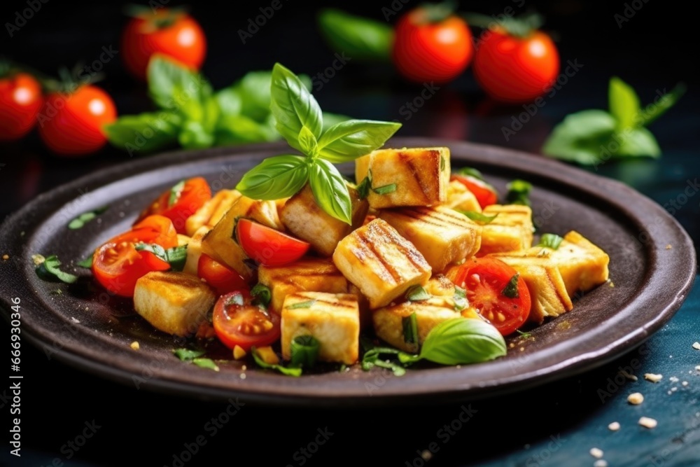 crispy grilled tofu served with cherry tomatoes