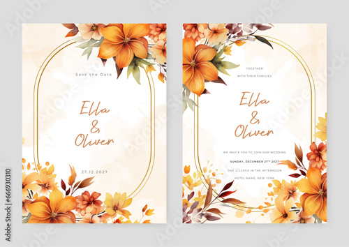 Orange frangipani wedding invitation card template with flower and floral watercolor texture vector