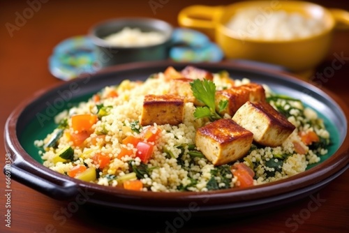 grilled tofu with couscous on a colorful dish