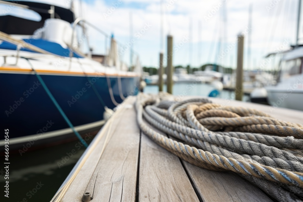 Obraz premium tight shot of thick ropes securing a boat to a marina berth