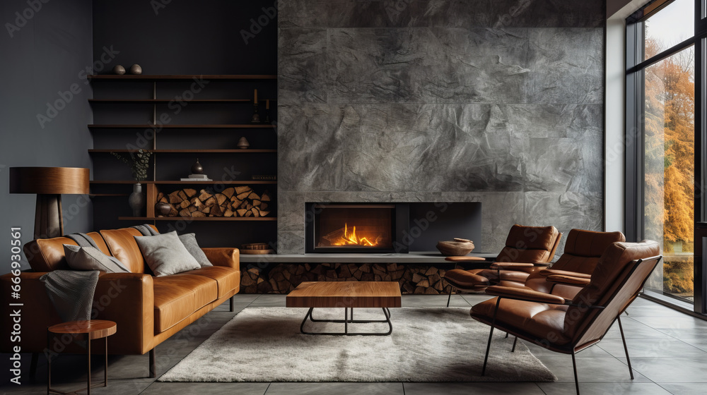 Living room sofa design with decor. Modern interior layout idea concept - obrazy, fototapety, plakaty 