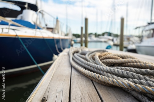 tight shot of thick ropes securing a boat to a marina berth photo