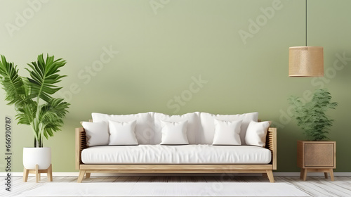 Wooden sofa with white cushions near green wall with art poster frame. Scandinavian interior design of modern stylish living room