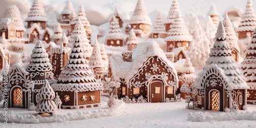 Christmas village of gingerbread houses. postcard for Christmas, New Year. AI generated