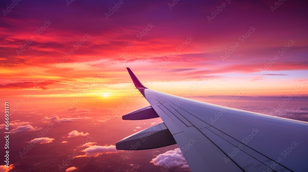 Airplane wing against a colorful sunset Airplane wing against a colorful sunset