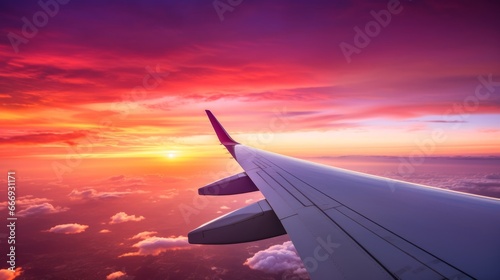 Airplane wing against a colorful sunset