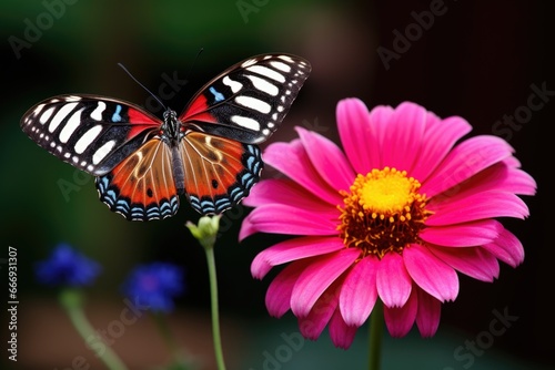one butterfly on a vibrant flower, another on a dull one