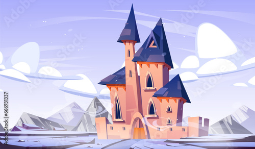 Winter fantasy castle in kingdom with snow cartoon background. Frozen magic fairy tale palace for princess illustration. Road to fortress through beautiful snowy mountain and rock terrain environment
