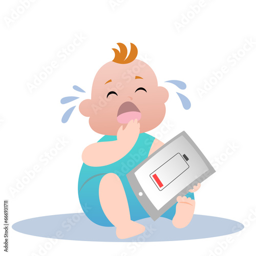 Child sad and crying over a dead gadget. Buttery low charge
