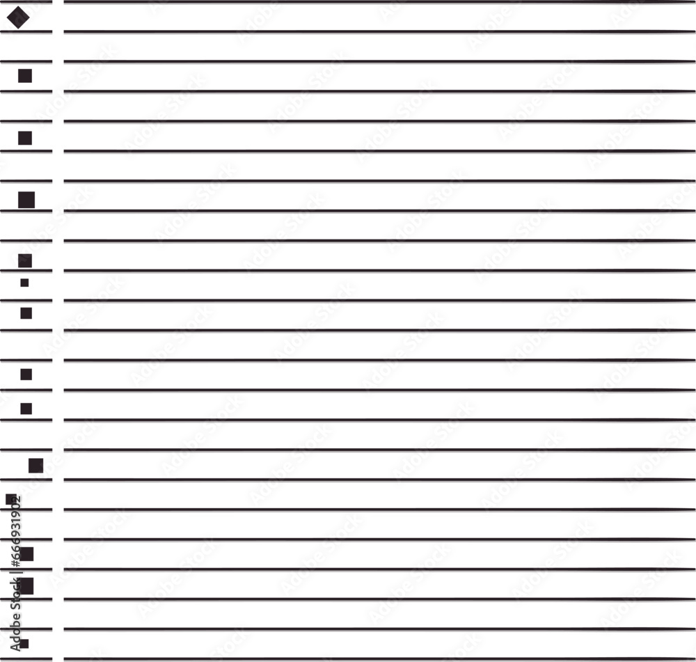 Lined notebook sheet with separate margin and black squares Lined notebook sheet with separate margin and black squares