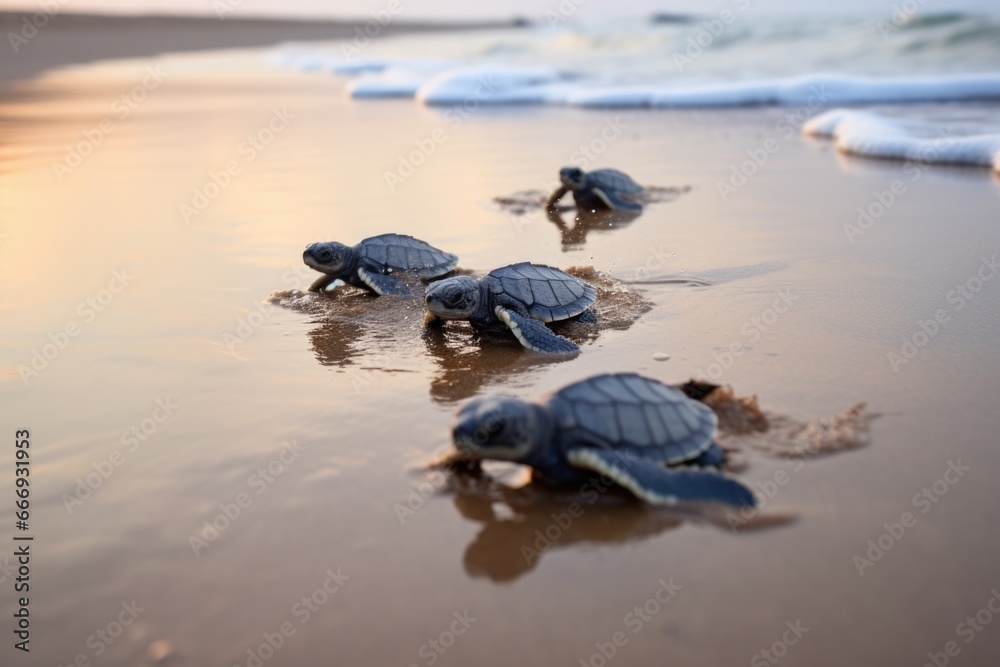 Fototapeta premium hatchling turtles crawling towards ocean waves