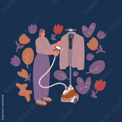 Cartoon vector illustration of woman steaming clothes on hanger. Woman with steamer cleaning clothes Lady using electric steamer, dressed casually, at home.