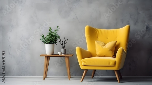 Wooden stump coffee table near vibrant yellow fabric wing chair against concrete wall with art poster. Scandinavian interior design of modern living room