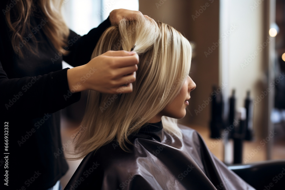 Hands of unrecognizable professional hairdresser drying hair of her client, new haircut, blonde female customer Hands of unrecognizable professional hairdresser drying hair of her client, new haircut, blonde female customer