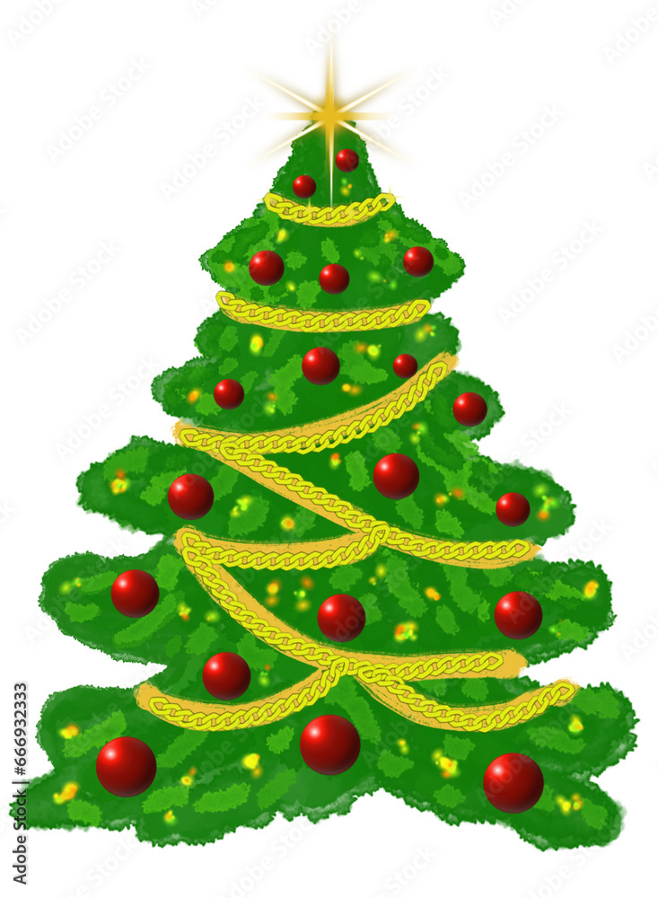 Ilustracion Arbol de navidad con luces, adornos y esferas rojas. Celebraciones de invierno
