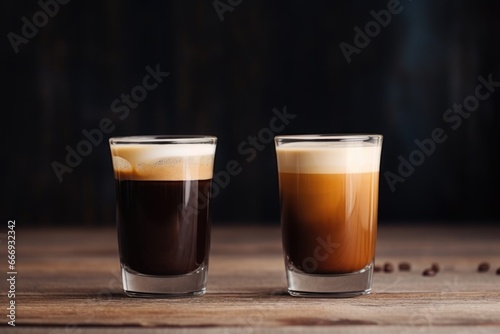 two cups of coffee side by side on a wooden table