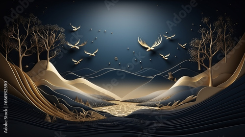 3d modern art mural wallpaper with dark blue and golden wave background. mountains, golden deer and birds. gold on a dark blue backdrop background