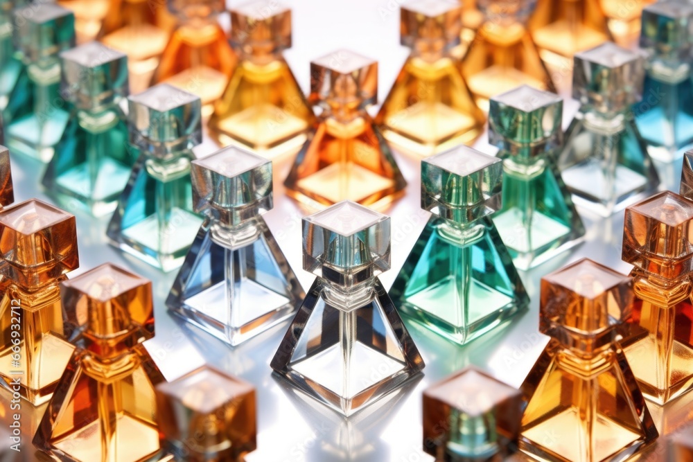 perfume vials arranged to form a geometric pattern on a flat surface perfume vials arranged to form a geometric pattern on a flat surface