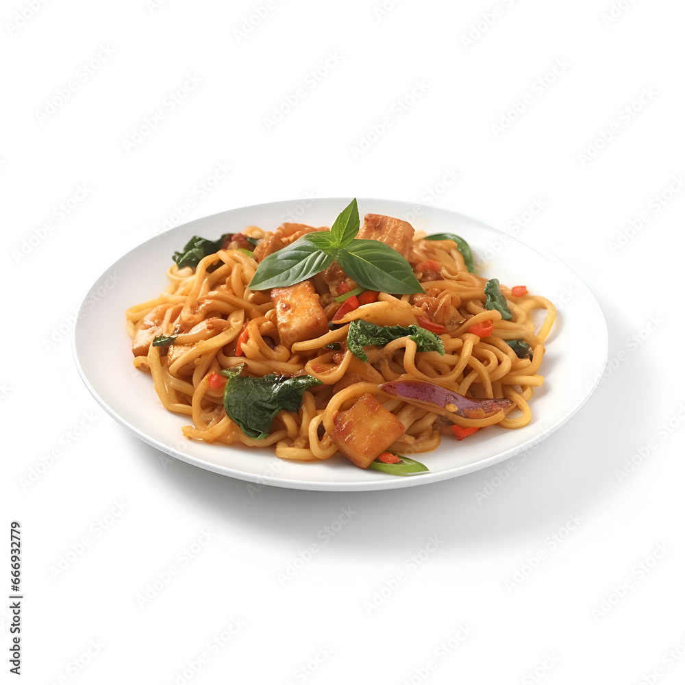 Plate with tasty pasta and vegetables on white background- closeup