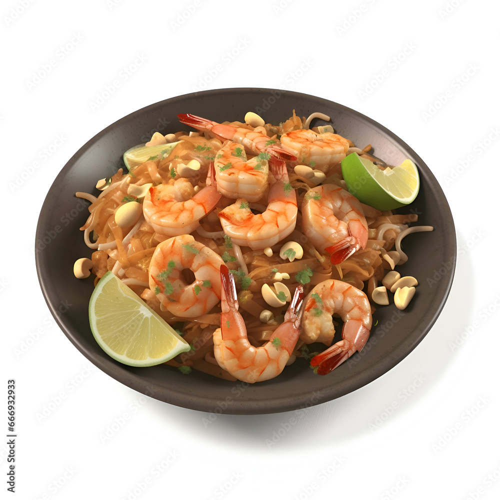 Bowl of shrimps with noodles and lime on white background Bowl of shrimps with noodles and lime on white background