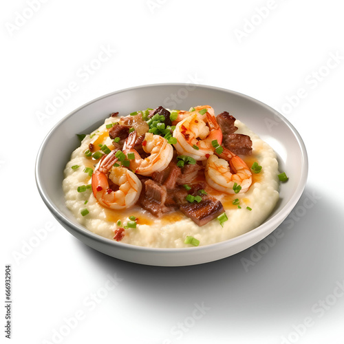 bowl of risotto with shrimps and bacon on white background