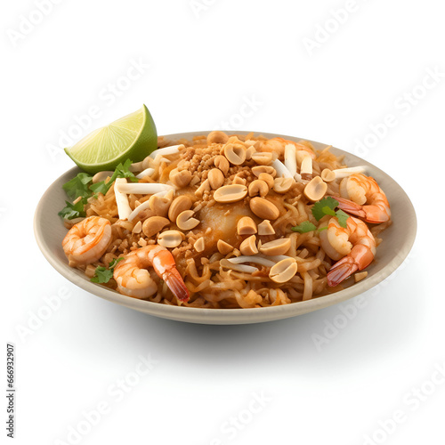 Plate of tasty noodles with shrimps and peanuts on white background