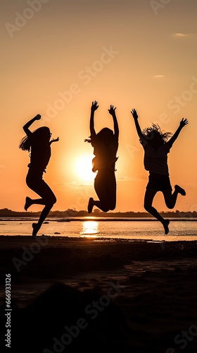 Sunset silhouette of Happy young people running at beach