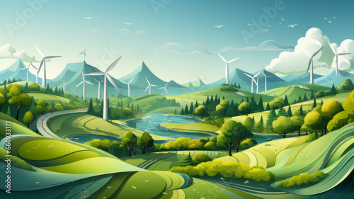 Illustration of a green landscape with wind turbines