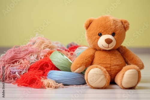 unstuffed plush toy skin next to stuffing material and thread photo