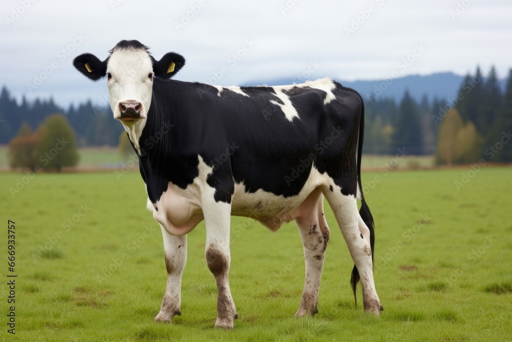 a black and white cow in a grassy pasture a black and white cow in a grassy pasture
