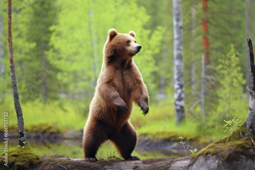 a brown bear standing on two legs in the wilderness