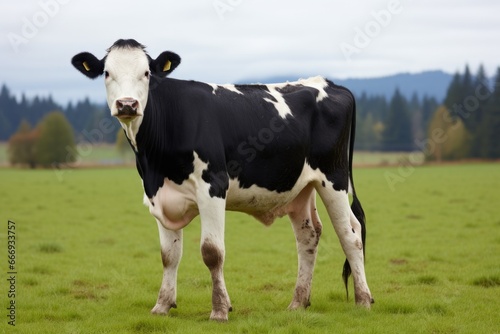 a black and white cow in a grassy pasture