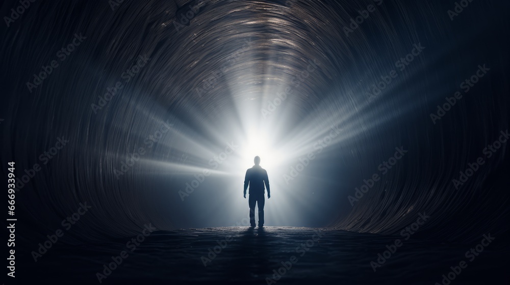 A person stepping out of a dark tunnel into the light - obrazy, fototapety, plakaty 