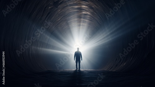 A person stepping out of a dark tunnel into the light