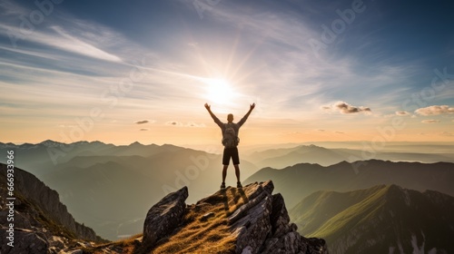 A person standing on a mountaintop, feeling triumphant