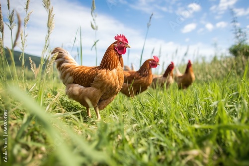 free-range chickens in grassy field