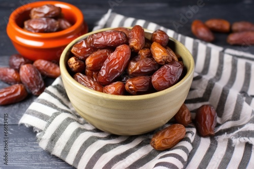 dates in a decorative bowl on a textured mat