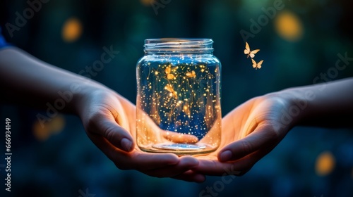 A person holding a jar of fireflies as a metaphor for inner light