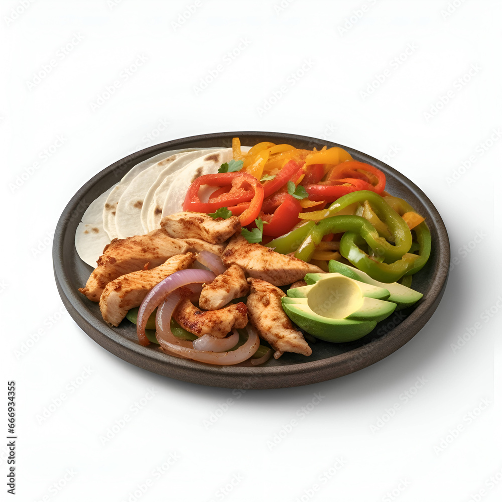 Plate with mexican tacos and chicken meat on white background Plate with mexican tacos and chicken meat on white background