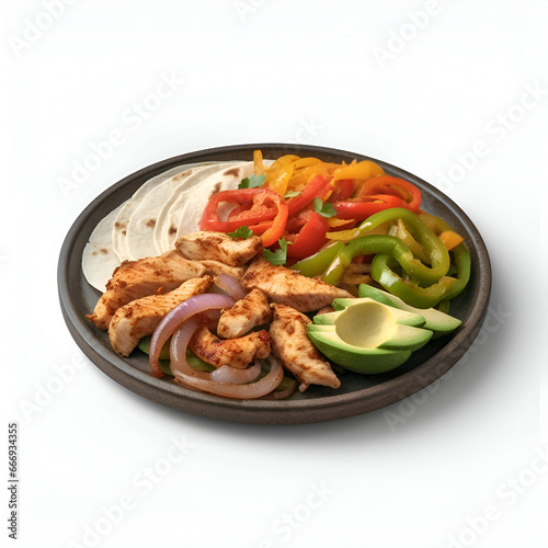 Plate with mexican tacos and chicken meat on white background