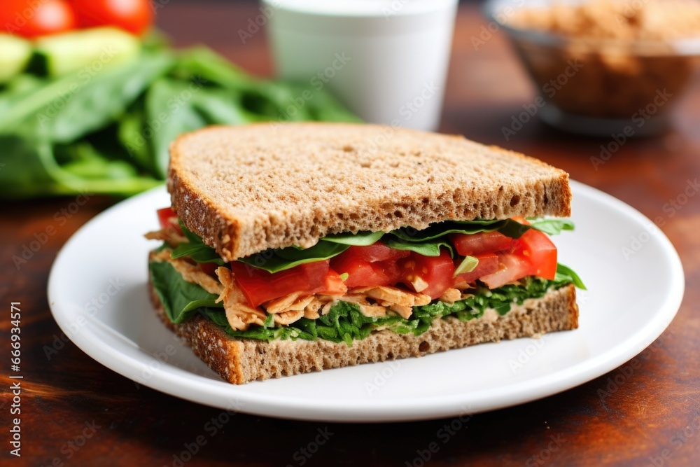 whole wheat sandwich aligned with fresh veggies and sauce on a plate