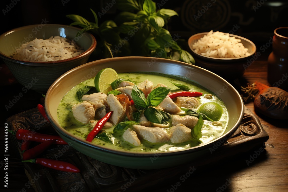 A plate of Thai green curry with chicken 