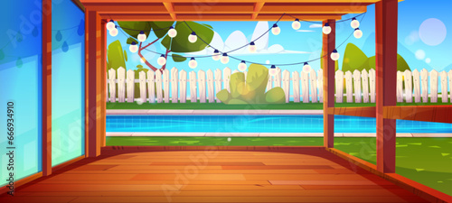 House porch and swimming pool in backyard. Vector cartoon illustration of summer villa glass door on wooden patio, poolside garden with green trees and lawn, white fence, garland lights, sunny day