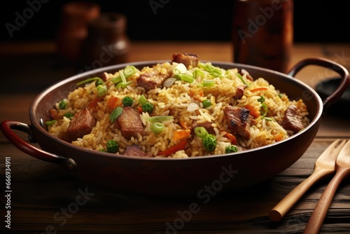  A bowl of Chinese fried rice with rice  vegetables  and meat